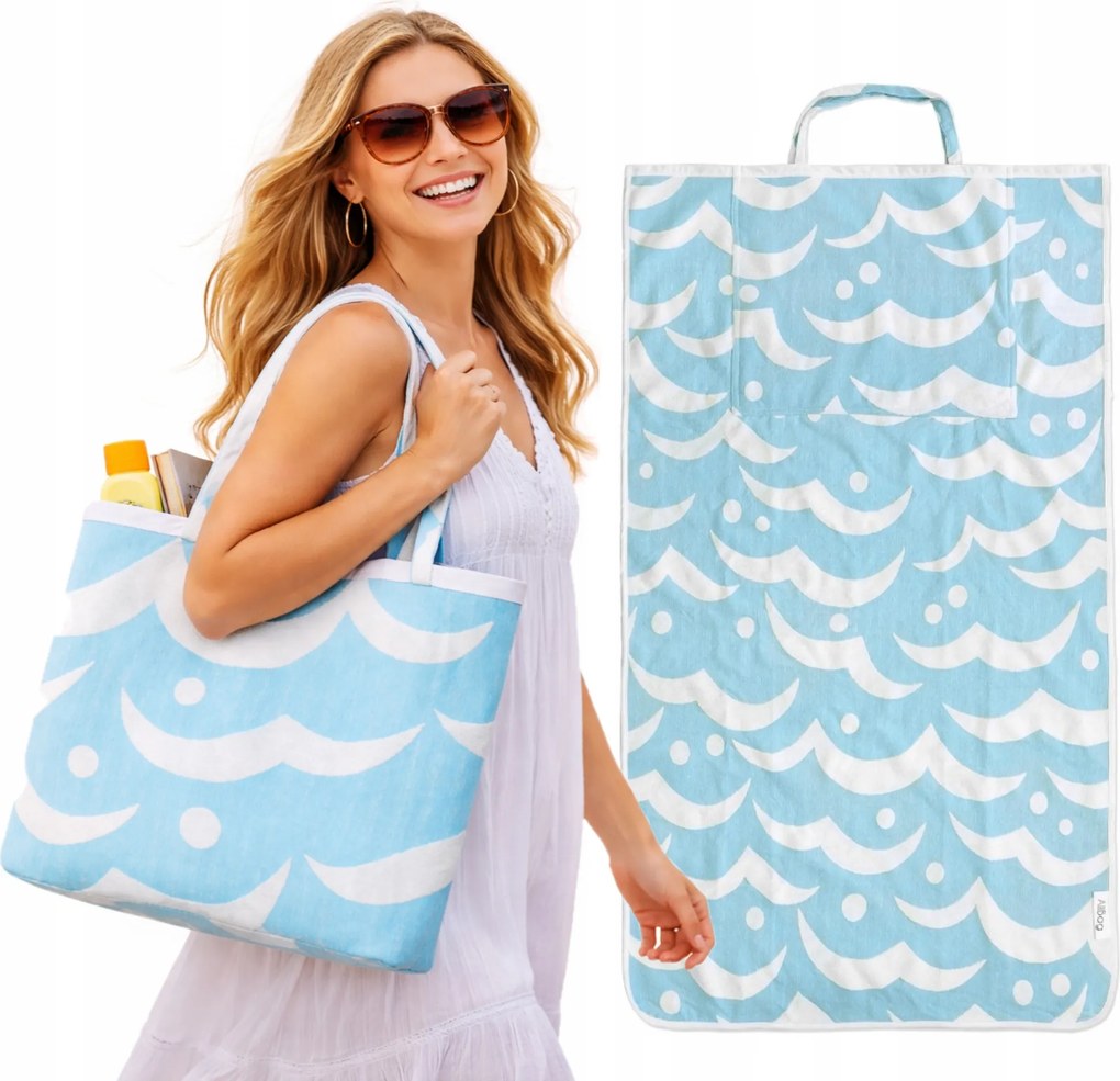Strandtörölköző Kék Frottír 2in1 Nyaraló Strandtáska 100% Pamut