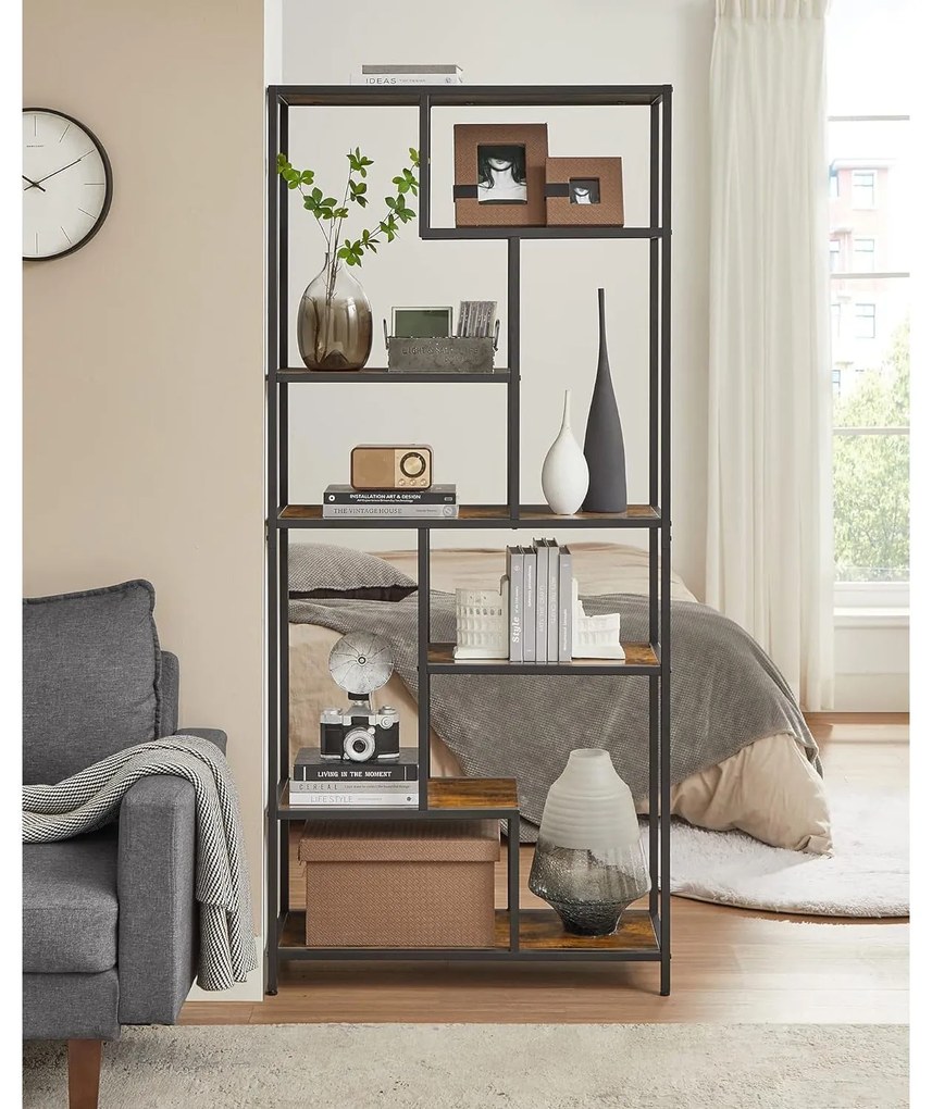 Könyvespolc, 6 szintes könyvespolc 30 x 80 x 180 cm, rusztikus barna és fekete