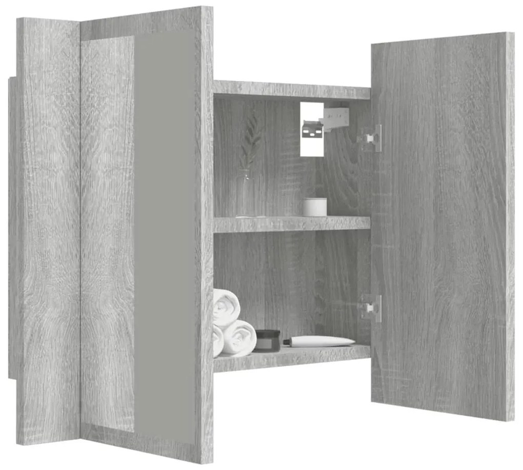 szürke sonoma színű szerelt fa tükörszekrény LED-del 60x12x45cm