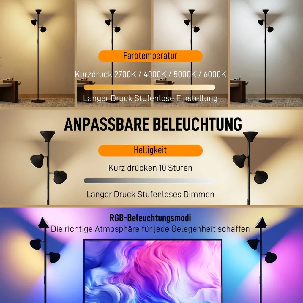 HOMCOM Állólámpa olvasólámpával, RGB színváltós, 3 forgófej, távirányítóval fekete