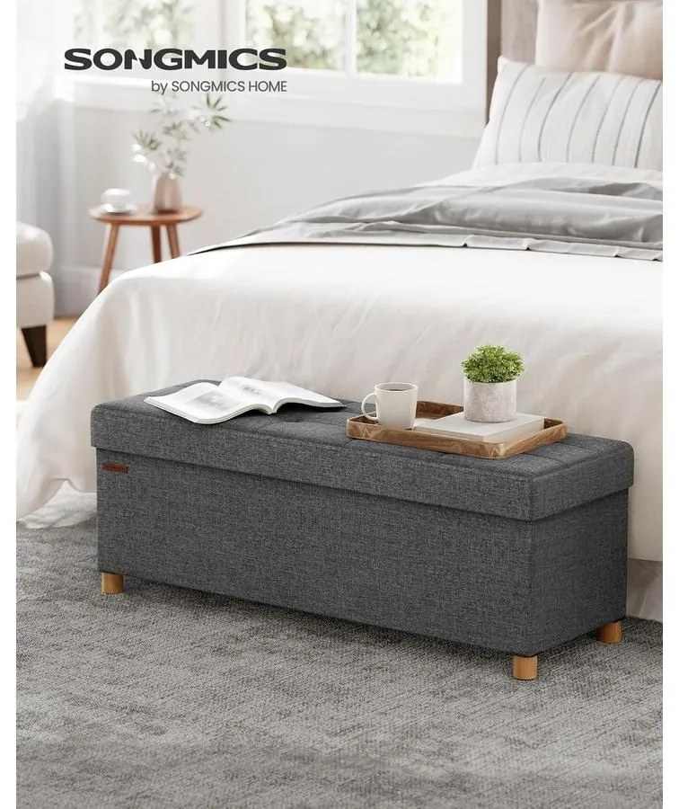 SONGMICS tárolós ülőke, összecsukható pad lábakkal, 38 × 110 × 40 cm, szürke színben