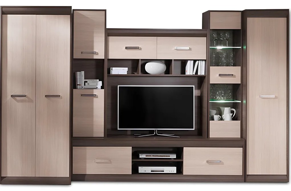 Nappali szekrénysor, DTD/MDF, világos tölgy/sötét tölgy, KORINA