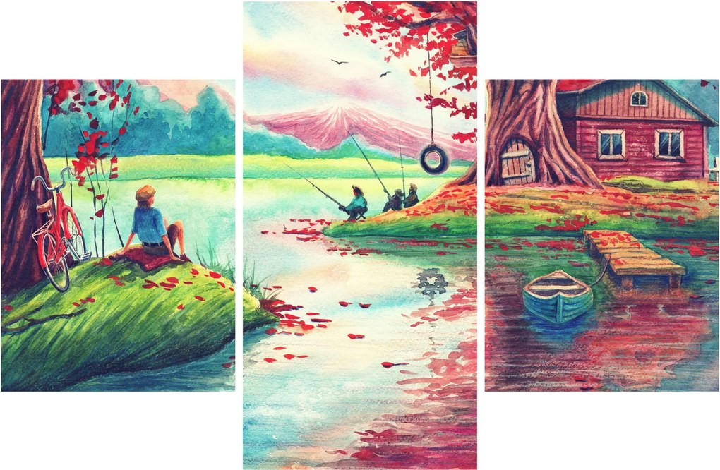Kép - akvarell, Öböl egy hegyi faluban (90x60 cm)