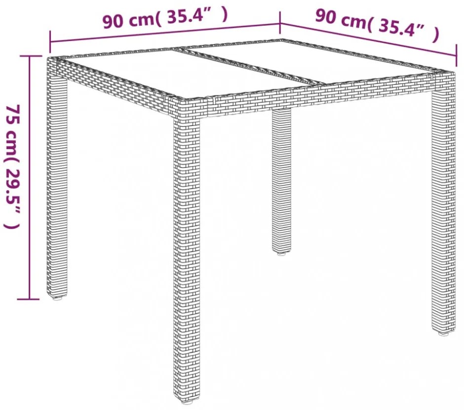 fekete polyrattan üveglapos kerti asztal 90 x 90 x 75 cm