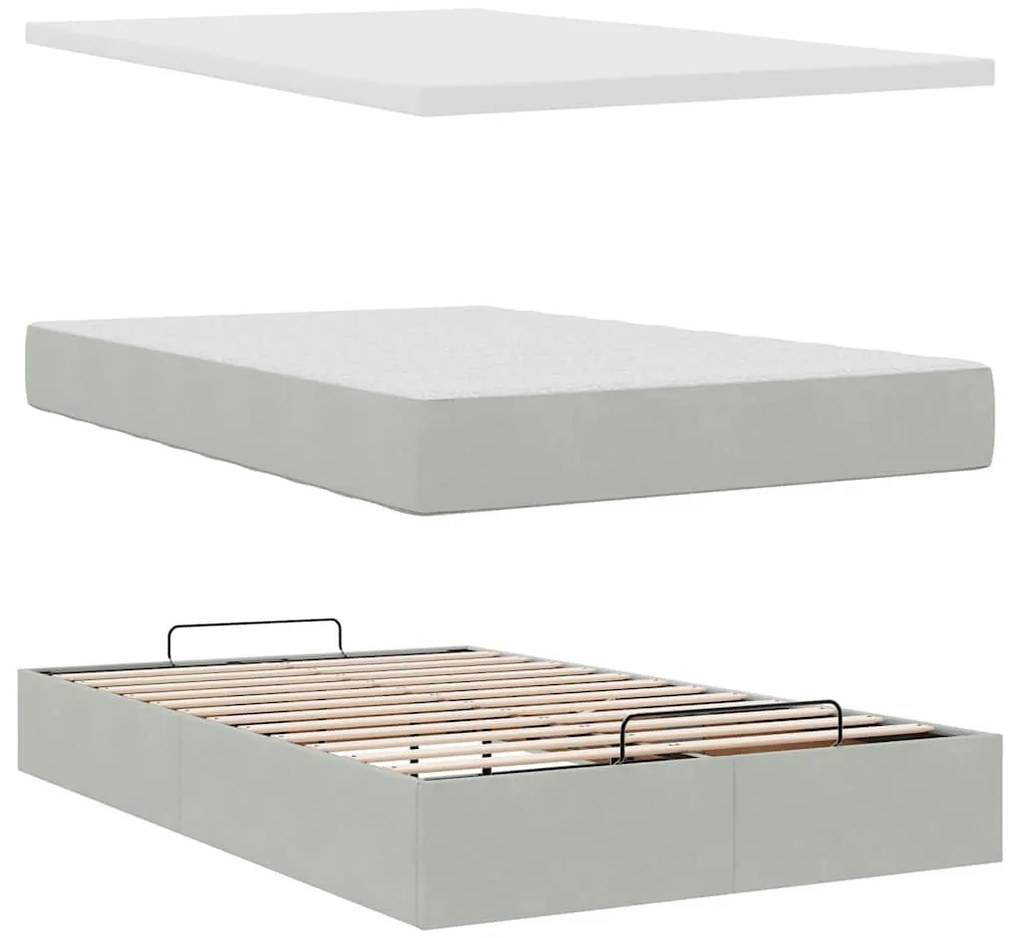 világosszürke bársony ottomán ágy matraccal 120x190 cm