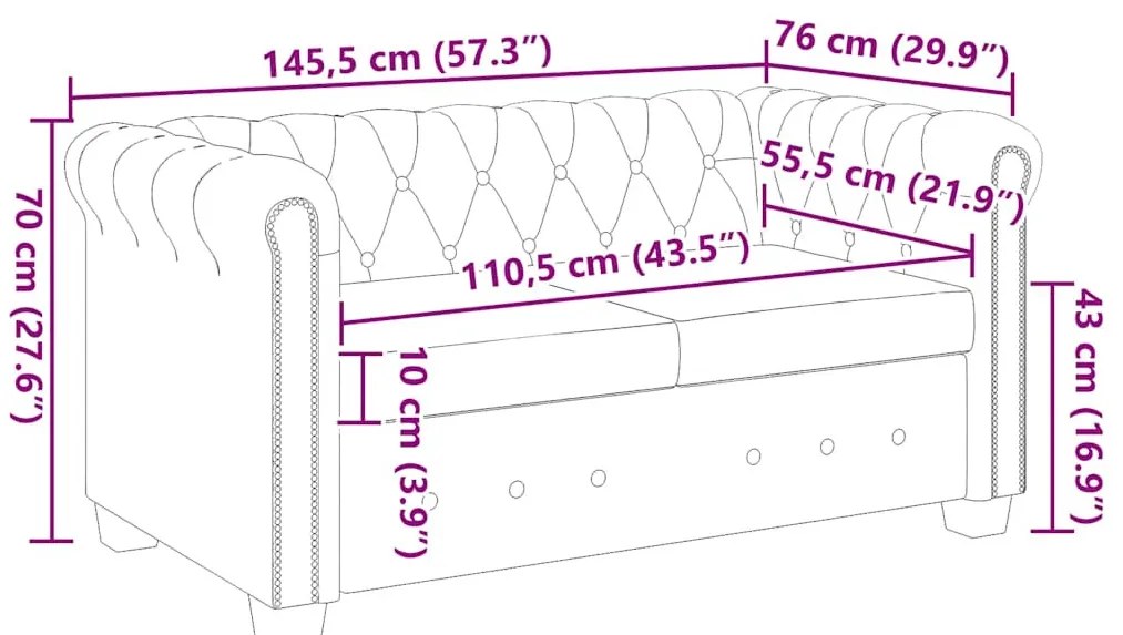 2 személyes fekete műbőr Chesterfield kanapé