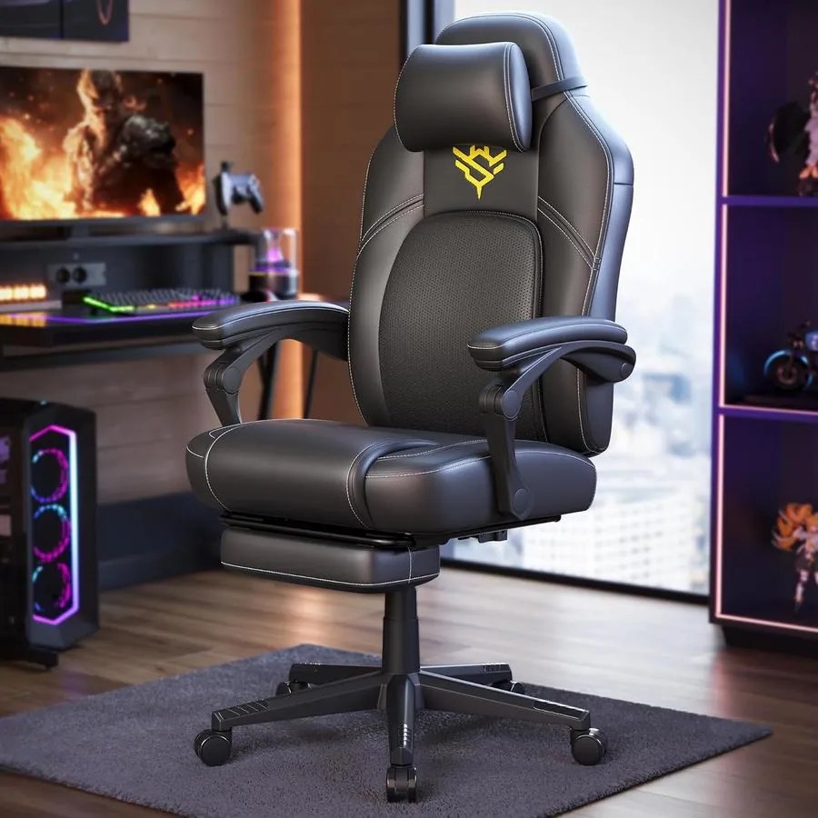 SONGMICS HOME gamer szék, ergonomikus számítógépszék lábtartóval, tintafekete színben