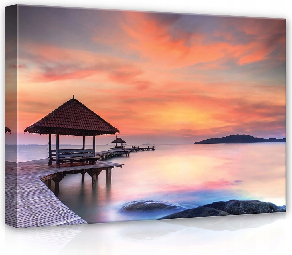 Vászonkép 70x50 Naplemente tenger móló pavilon nyugalom csend természet romantikus