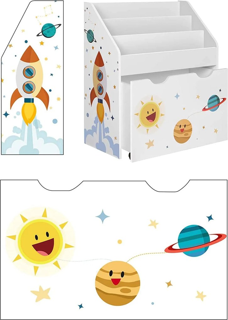 Játéktároló, könyvespolc kivehető kerekes tárolódobozzal