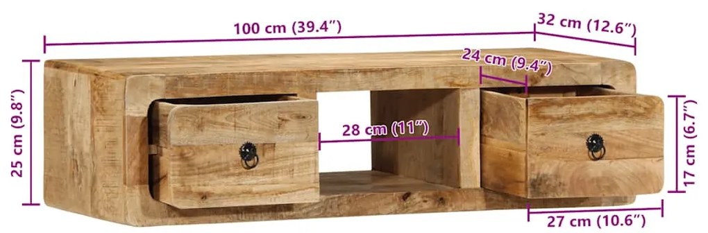tömör nyers mangófa falra szerelhető TV-szekrény 100x32x25 cm