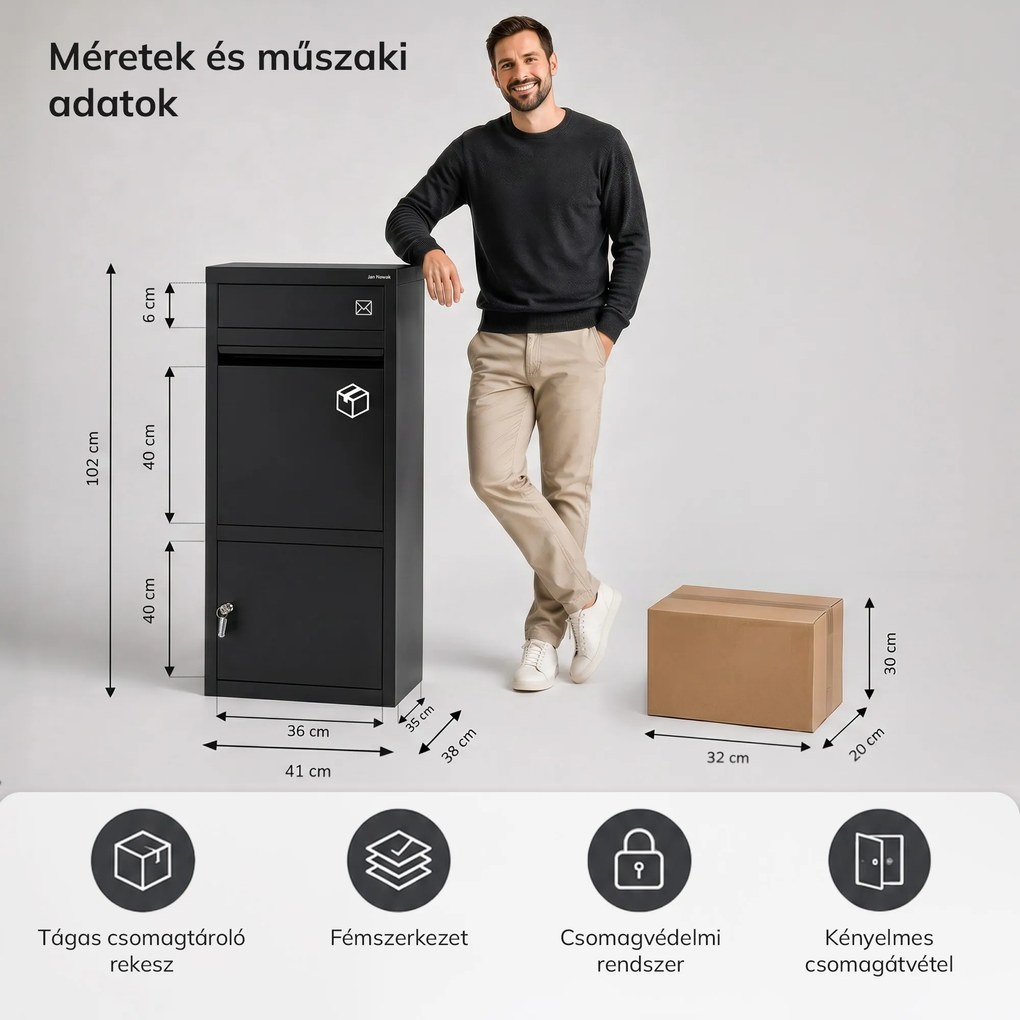 Fém csomag- és levélszekrény, kültéri, zárható, fekete: Paczkobox PAT