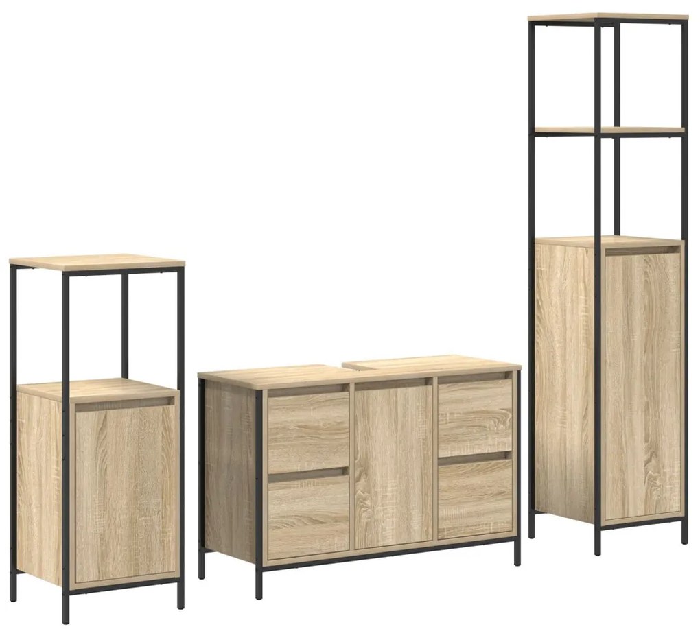 Fürdőszoba bútor szett fiókkal 3 pcs Sonoma tölgy és Fekete