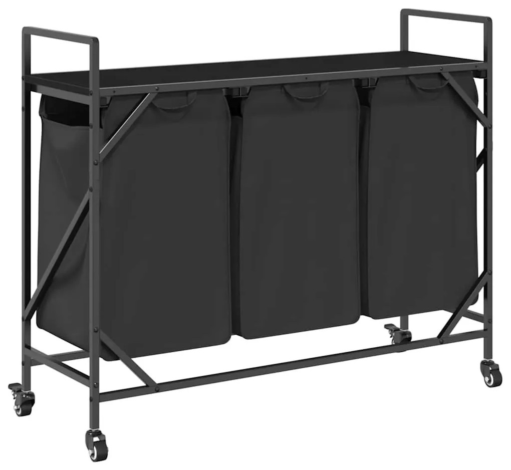 fekete tölgyfa mosodai kosár 3 rekeszes kerekekkel