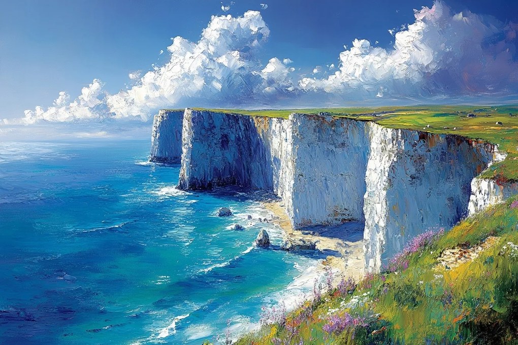 Vászonkép Canvas Tájkép Fehér Sziklák Dover Tenger Sziklák Virágok 60x40