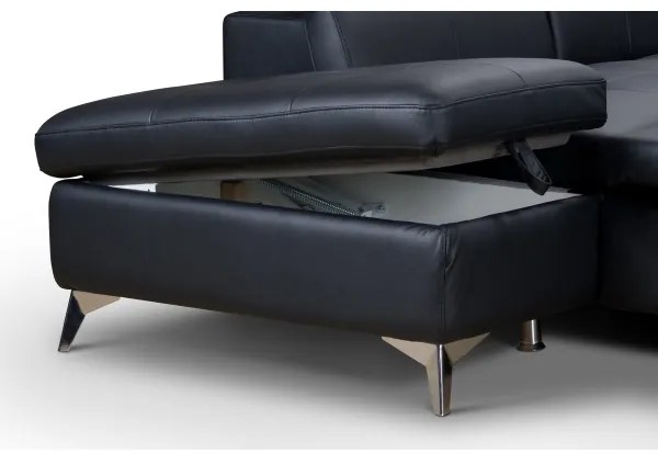 Fekete, balos, bőrkárpitos, L-alakú SALERNO II sarokkanapé, ággyá nyitható