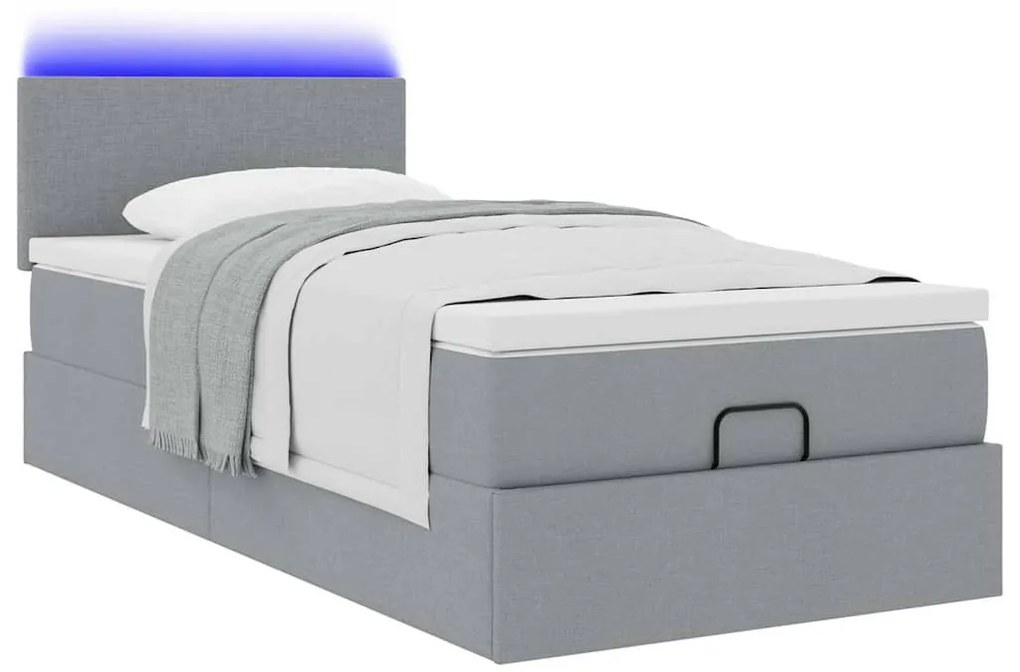 világosszürke szövet ottomán ágy matraccal & LED-ek 80x200cm