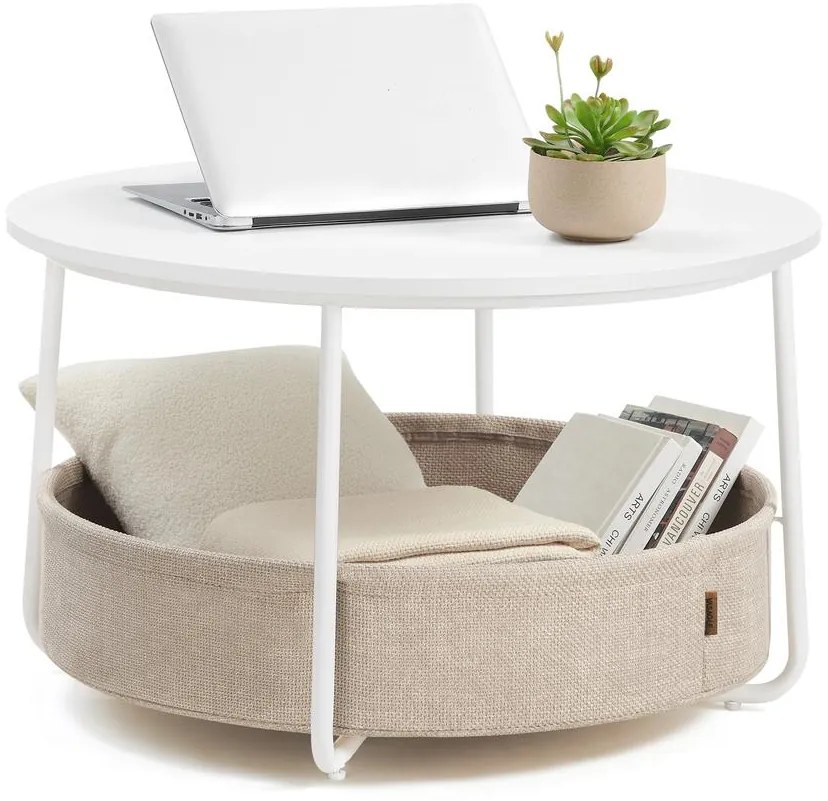 VASAGLE kerek dohányzóasztal tárolóval, matt fehér és kamelbarna színben