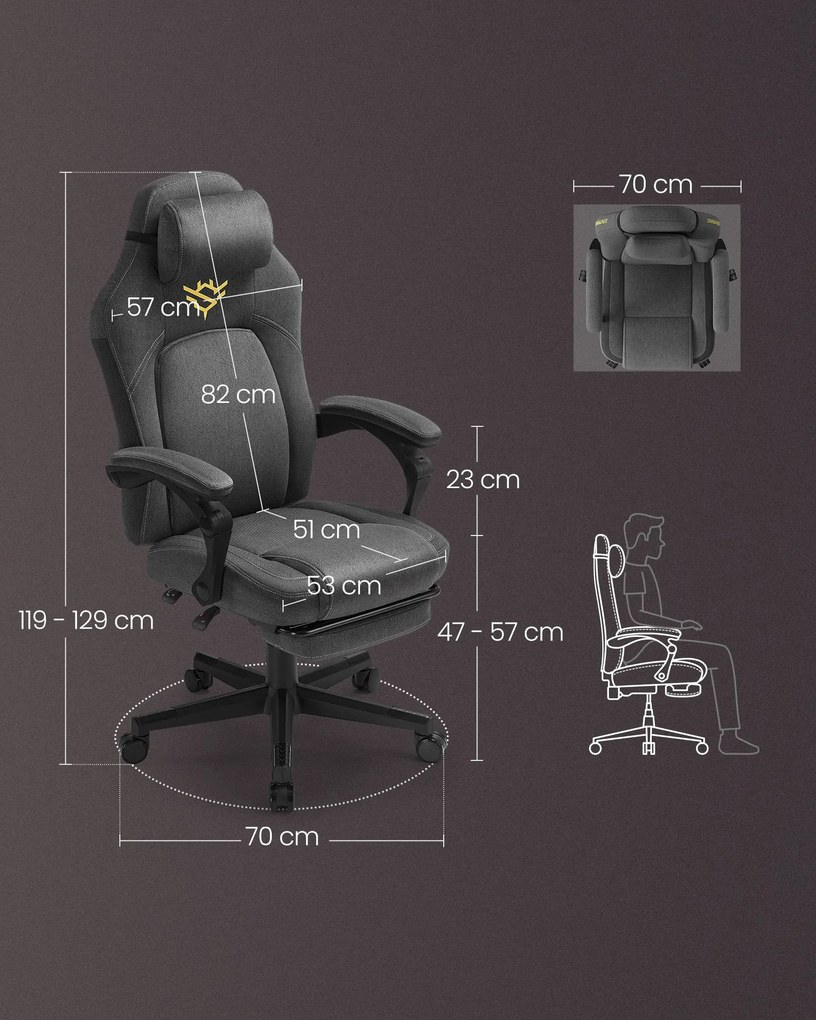 Ergonomikus gamer szék lábtartóval, állítható, galambszürke párnával
