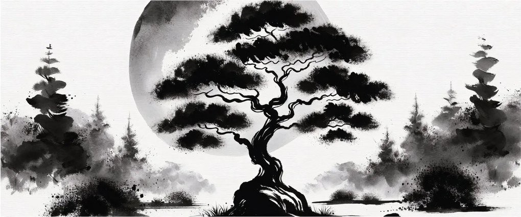 Kép – Fekete-fehér bonsai (120x50 cm)