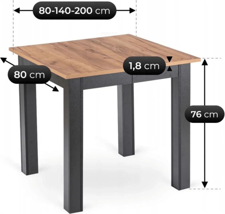 Kihúzható étkezőasztal 80–200 cm méretben, craft tölgy/fekete színben BEN