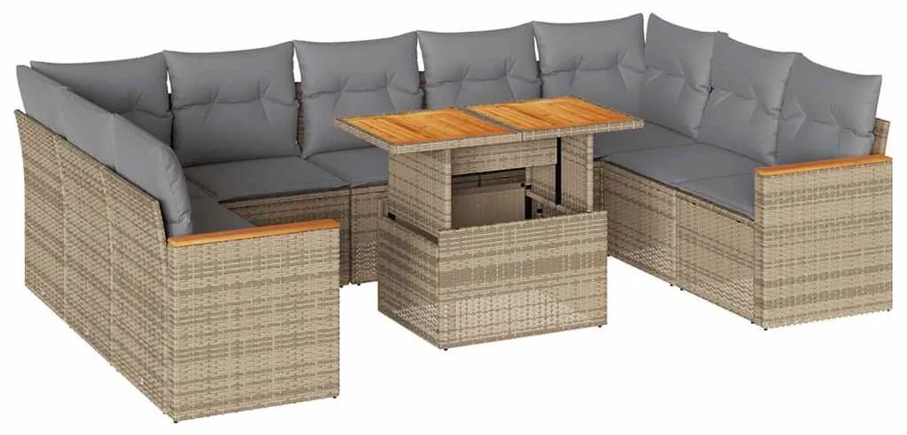 10 részes bézs polyrattan akácfa kerti ülőgarnitúra párnával