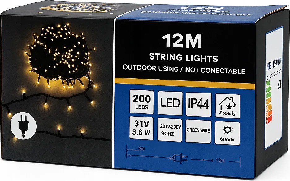 Karácsonyfa Lámpák Állandó Fény 200 Led 15m Fehér Meleg IP44 Kültéri