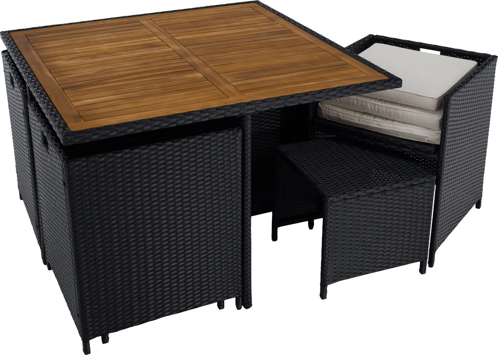 Kerti rattan szett, akácfa, fekete/krémszínű/természetes, MELFORD