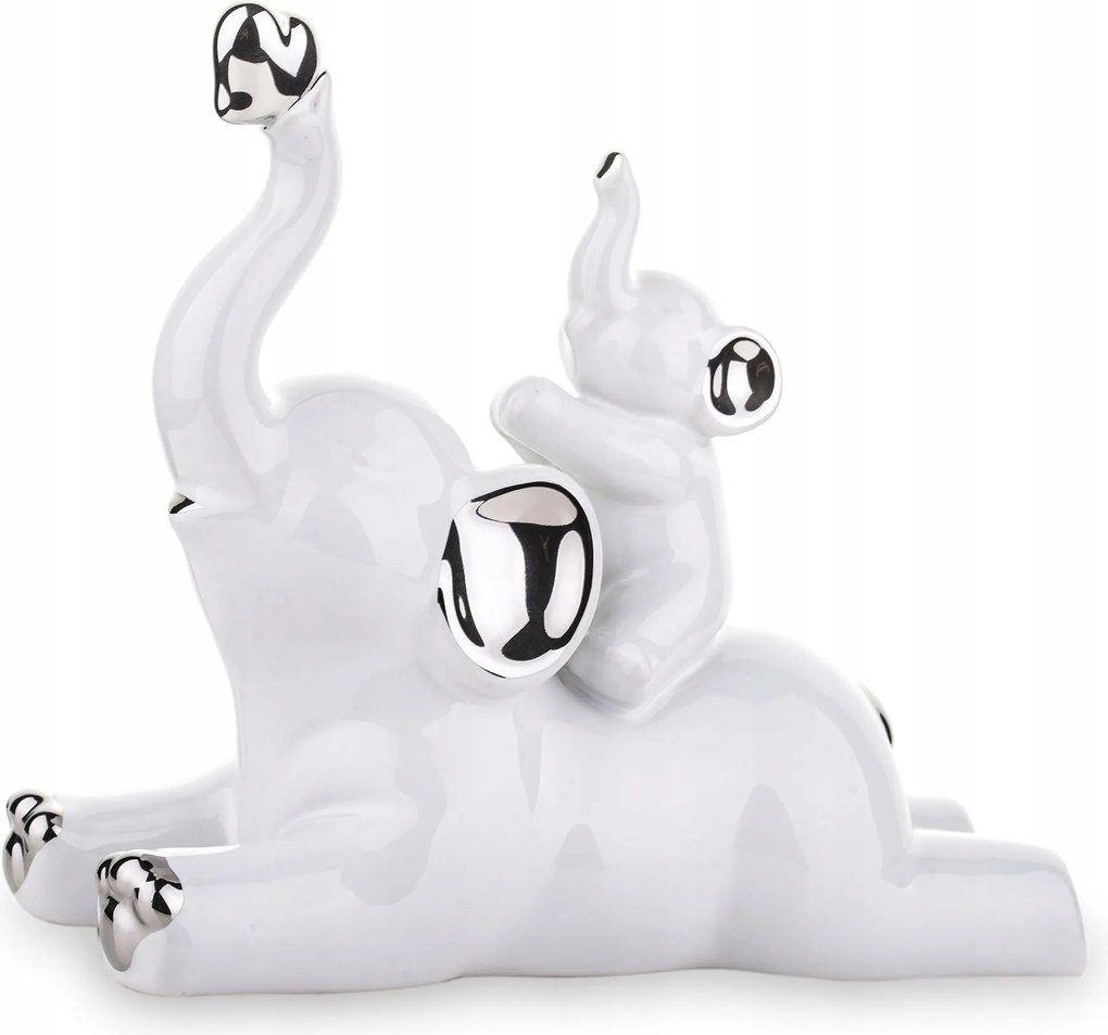 Elegáns kerámia figura Elefántok anya és baba fehér-ezüst dekoráció