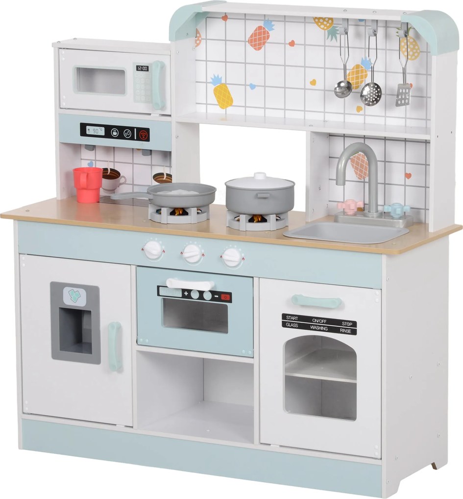 AIYAPLAY Gyerek Játék Konyha Fényekkel, Hangeffektekkel, Kávéfőzővel, Jégkészítővel, Mikrosütővel, Sütővel, Konyhai Kiegészítőkkel, Babakonyha 3 Éven