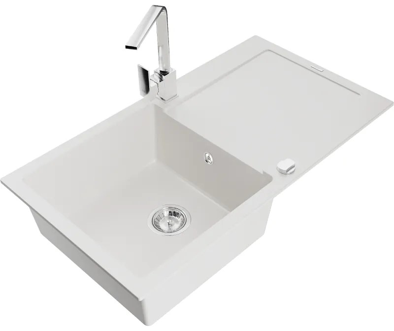 Mexen Leo, gránit mosogató 900x500x190 mm, 1 kamrás, fehér króm szifonnal és króm Rita mosogató csaptelep, 6501-20-670300-00