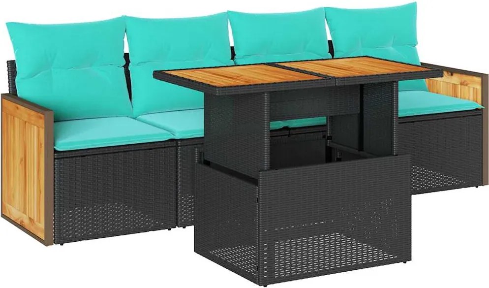 vidaXL 5 részes fekete polyrattan akácfa kerti kanapészett párnákkal