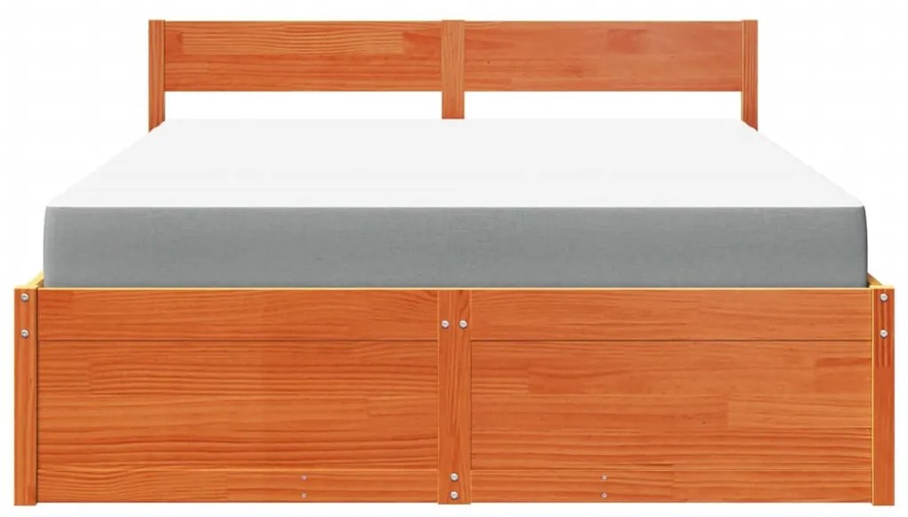 viaszbarna tömör fenyőfa ágy fiókokkal és matraccal 140x200 cm