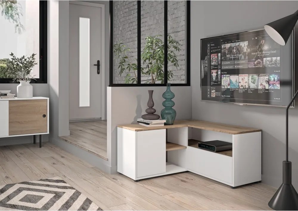 Fehér-natúr színű TV-állvány tölgyfa dekorral 90x45 cm Angle – TemaHome