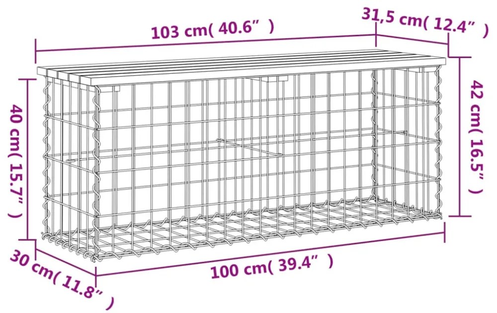 tömör fenyőfa gabion kerti pad 103x31,5x42 cm