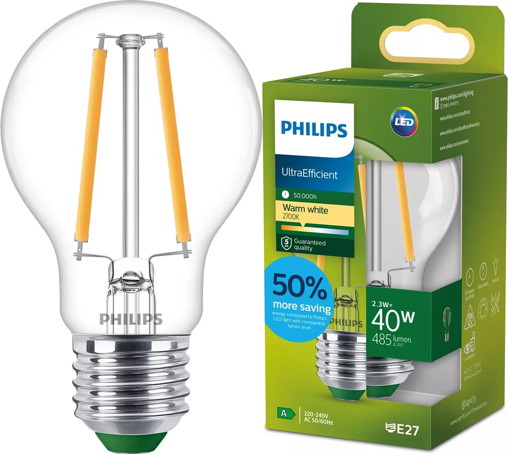 Led izzó E27 A60 2.3W 40W 485lm 210lm/W 2700K Meleg A-osztály Philips