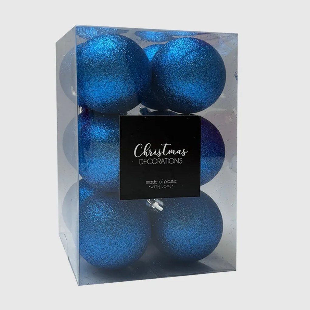 Kék glitteres műanyag karácsonyi gömb szett 12x6cm