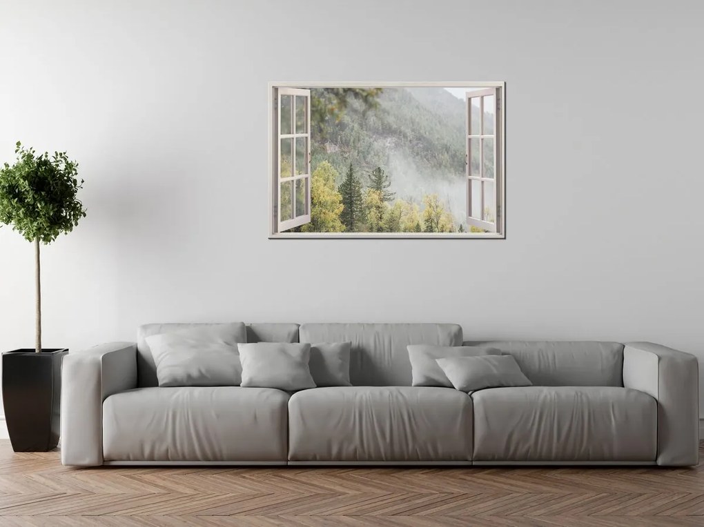 Gario Vászonkép Nyitott ablak Titokzatos erdo Méret: 90 x 60 cm