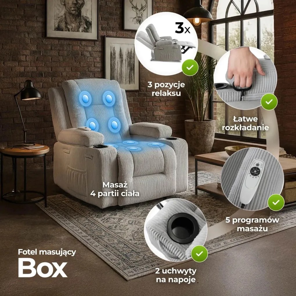 BOX szürke bordázott szövet dönthető masszázsfotel
