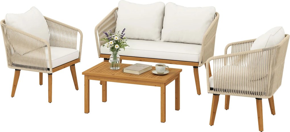 Outsunny 4 részes rattan lounge szett – kétszemélyes kanapé, 2 fotel, akác dohányzóasztal | Aosom