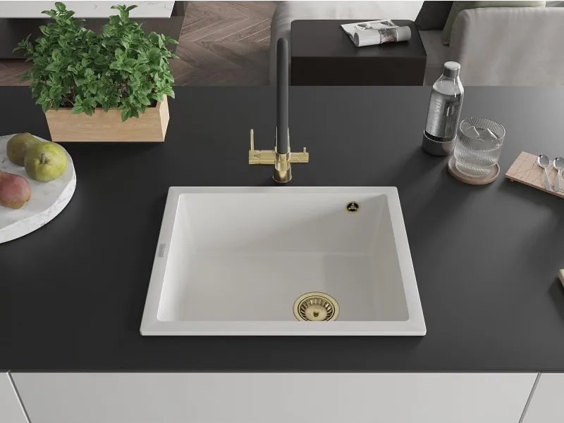Mexen Pedro gránit mosogató 1-medencés 560 x 460 mm, fehér, arany szifon - 6508561000-20-G
