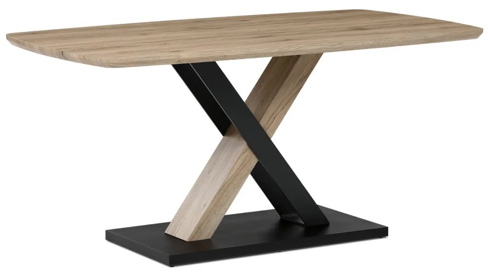 Masă de sufragerie modernă 160x90cm, MDF, stejar 3D culoare san remo, picioare metalice, lac negru