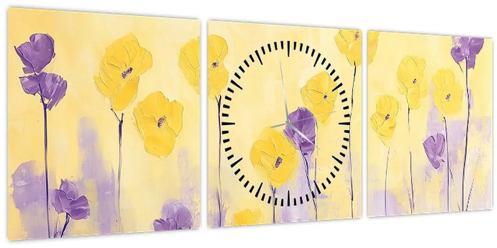 Kép - Lila és sárga virágok (órával) (90x30 cm)