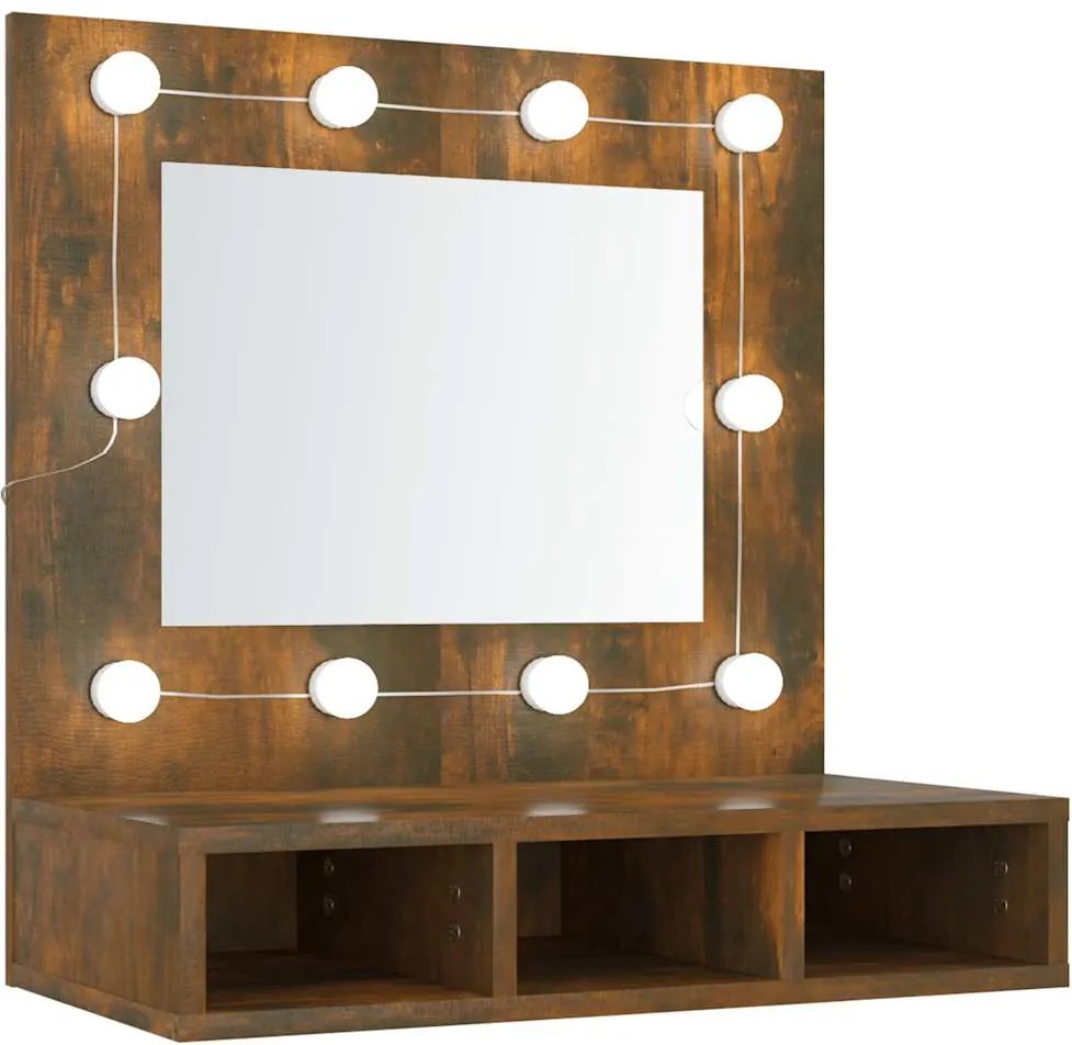 vidaXL füstös tölgy színű tükrös szekrény LED-ekkel 60 x 31,5 x 62 cm