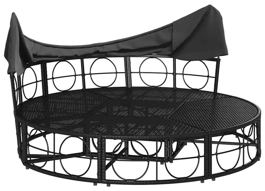 fekete polyrattan kültéri napozóágy napellenzővel és párnákkal