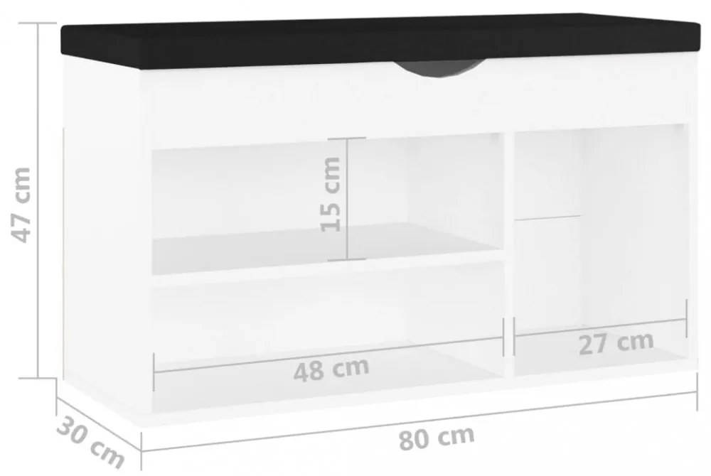 fehér szerelt fa cipőtároló pad párnával 80 x 30 x 47 cm