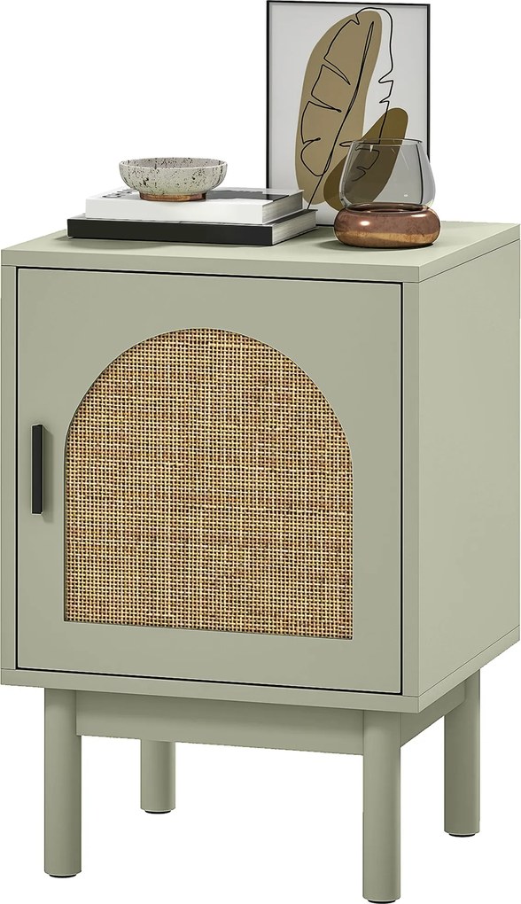 HOMCOM Éjjeli Szekrény Rattán Ajtóval, Állítható Polccal és Fa Lábbakkal, Bohém Stílusú Oldalsó Asztal, Nappalihoz és Hálószobához 40x35x58 cm Világos