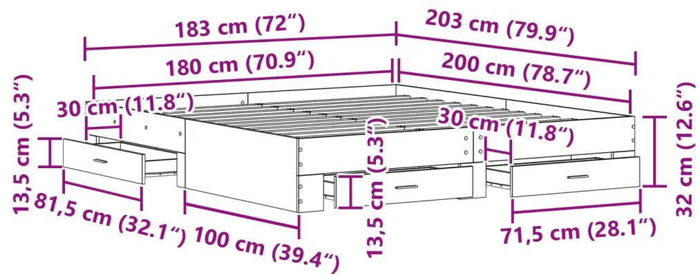 Ágykeret Fiókokkal Fekete Tölgy 180x200 cm Mérnöki Fa
