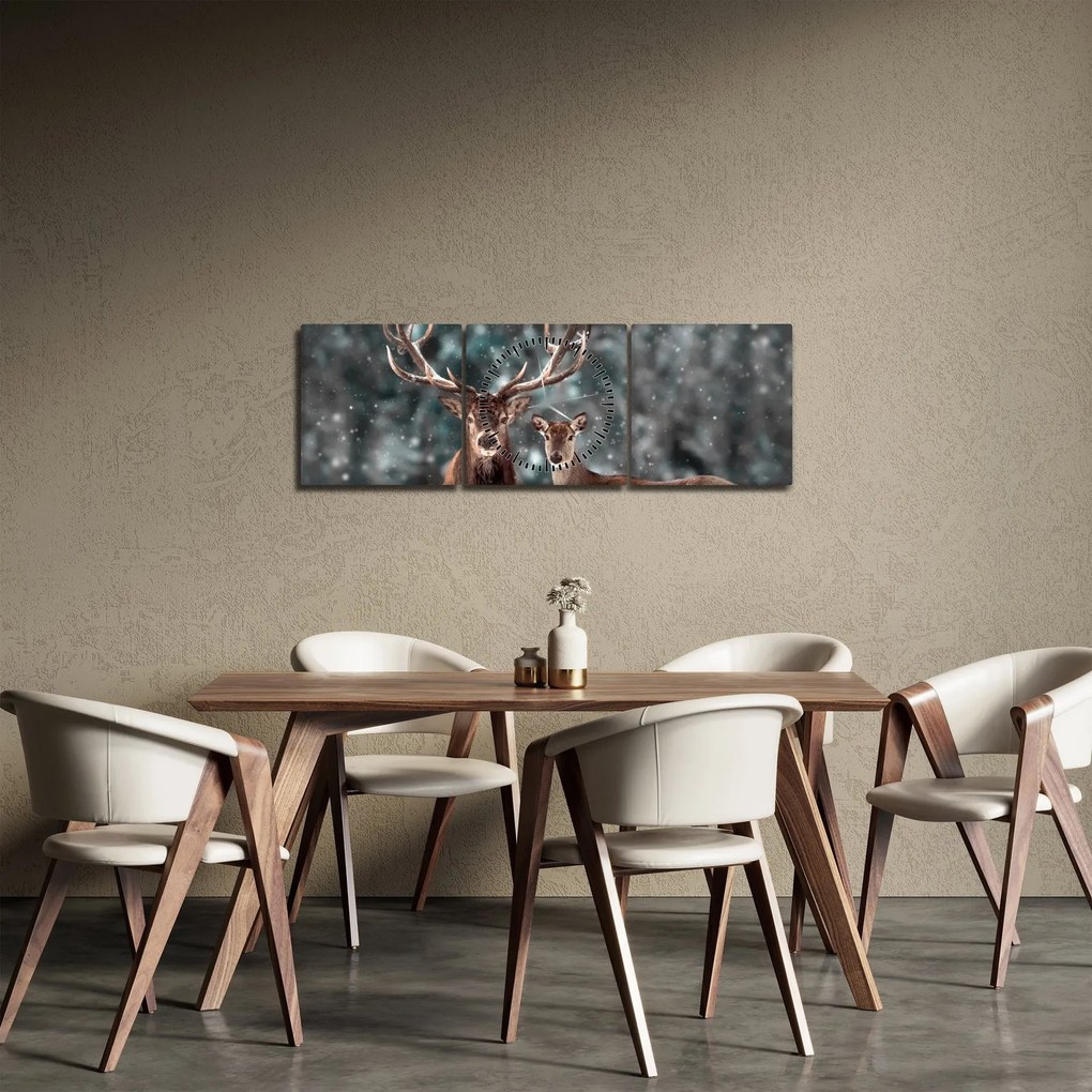 Kép - szarvas és őzike egy havas erdőben (órával) (90x30 cm)
