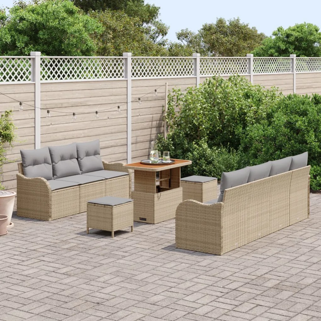 10 darabos kerti kanapé párnákkal Bézs Poly Rattan Akáciából, 2 személyes kerti kanapé tárolóval és párnákkal Bézs Poly Rattan, 3 darabos kerti étkezőszett párnákkal Bézs Poly Rattan Akáciából