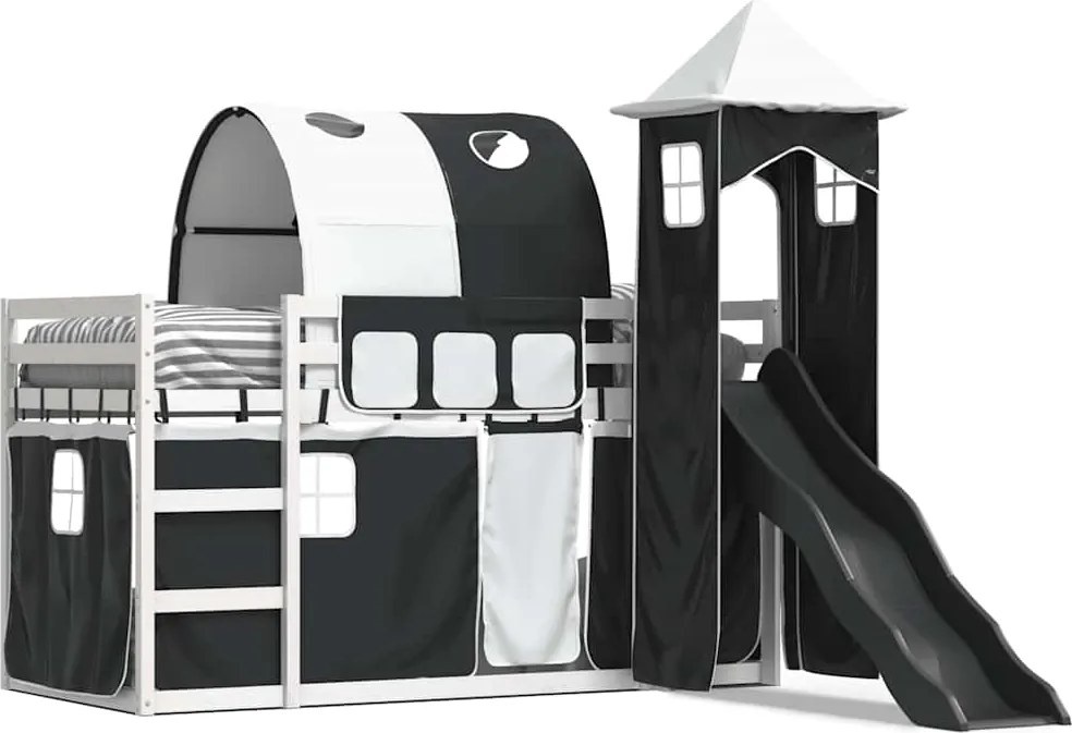 vidaXL fehér-fekete emeletes ágy csúszdával és függönnyel 80 x 200 cm